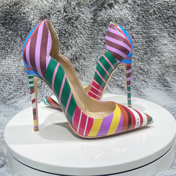 luxury fashion 12cm Women's striped high-heeled shoes graffiti shoes