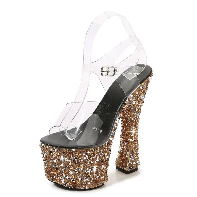 Summer Wedding Party Sandals Sequin Rhinestone Peep Toe Woman Shoes 17.5cm Thin High Heels