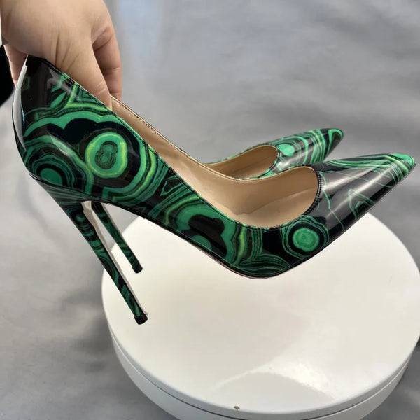 Green Floral Print Women Pointy Toe Slip On High Heel Shoes