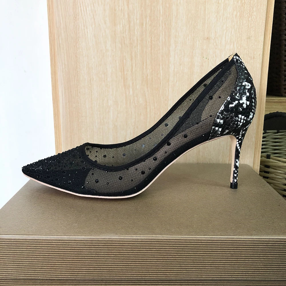 Rhinestones Women Patchwork Black Satin Gauze Pointy Toe High Heel Party Shoes