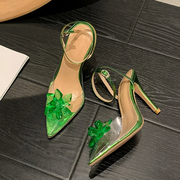 New Style Crystal Flower Women Pumps Sexy Pointed Toe Green High Heels