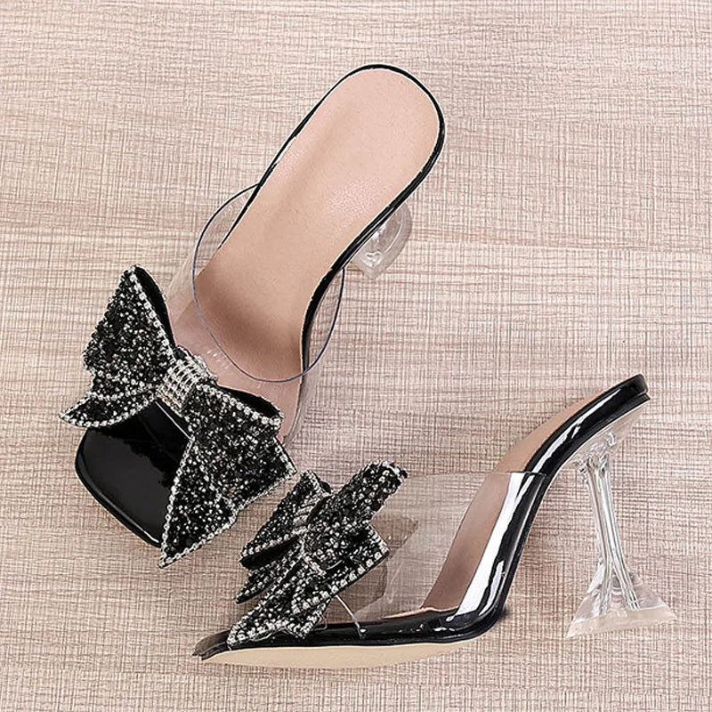 New Transparent Slippers For Women Fashion Silver Crystal Bowknot High Heels