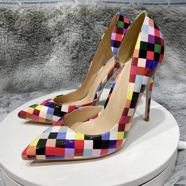 12cm Color Plaid high heels side space high heels