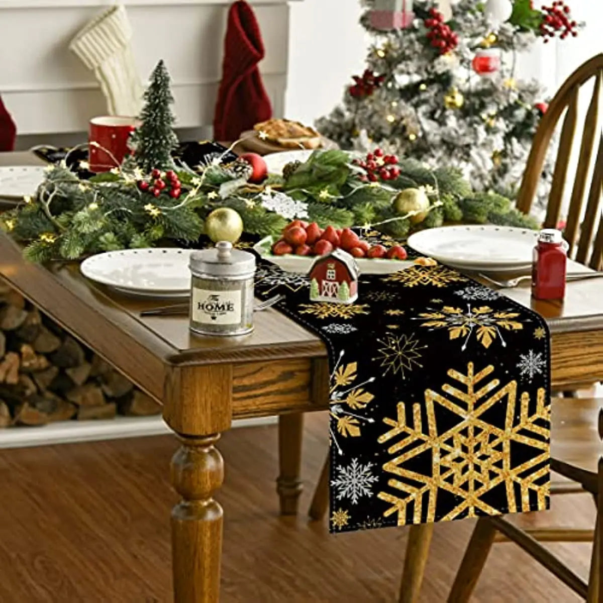 Christmas Decorations  Snowflake Black Winter Linen Table Runners