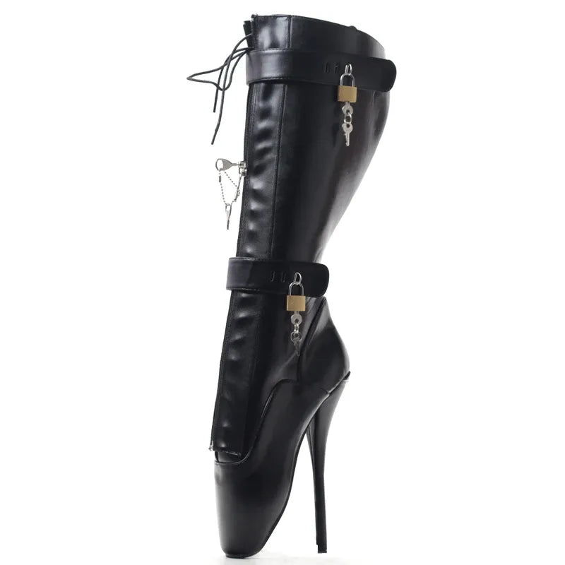New Ballet Boots 7" Super High Heel Pointed Toe Fetish Lockable Straps With YKK Zip Womens