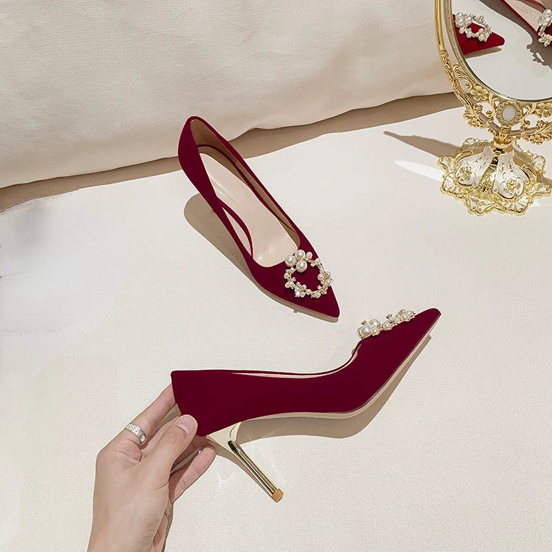Fashion and Exquisite Bridal Red Suede Pointed Toe High-end Stiletto Shoes