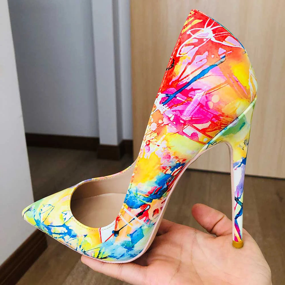 Women Gloossy Floral Printed Pointed Toe High Heels