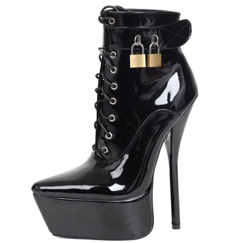 Sexy Women Ankle Boots Super High Heel Platform Lockable Straps Cross-tied Pointed toe Boots