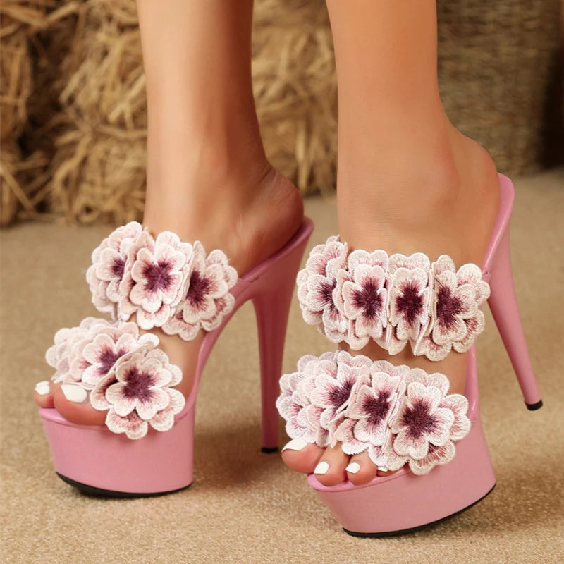 Sexy 15CM Slippers Handwork Embroidery Flowers Designer Sandals