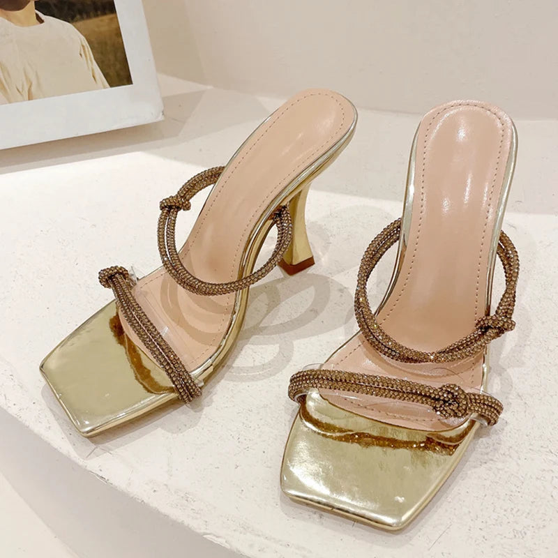 Fashion Rhinestones Strap Mules High Heels Square Toe Golden Sandals