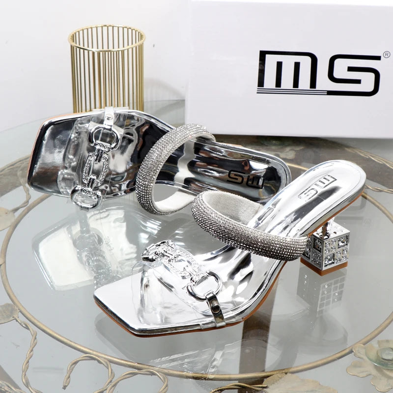 Fashion Transparent belt metal decoration box shaped square Alien heel high heels