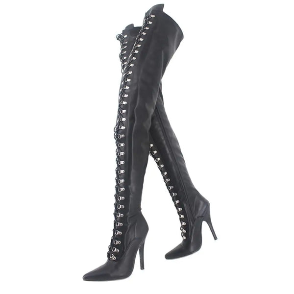 New Over-the-Knee Boots 12CM High Heel Cross-tied Lace up Zip Crotch Thigh Long Boots