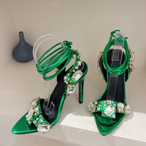 Sexy Green Cross Ankle Strap Sandals Women Party Club Stripper Heels