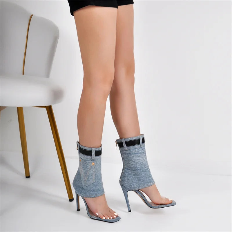 Women Summer Sandals Denim Square Toe Stiletto Ankle Elegant Big Size Female Sandals