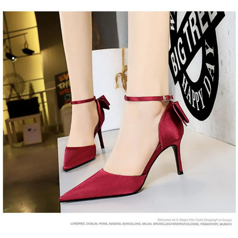 Korean Version of Show Pipanus High Heels Satin Light Sandals with Hollow Bows Women's Shoes