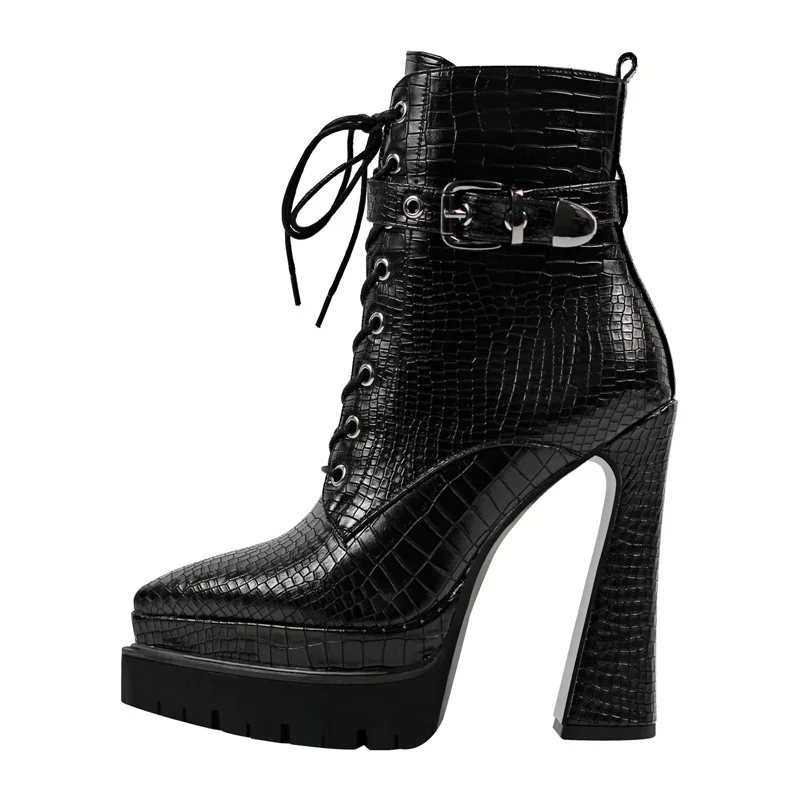 Women Black Booties Double Platform  Side Zipper Lace-up Fashion Ankle Boots