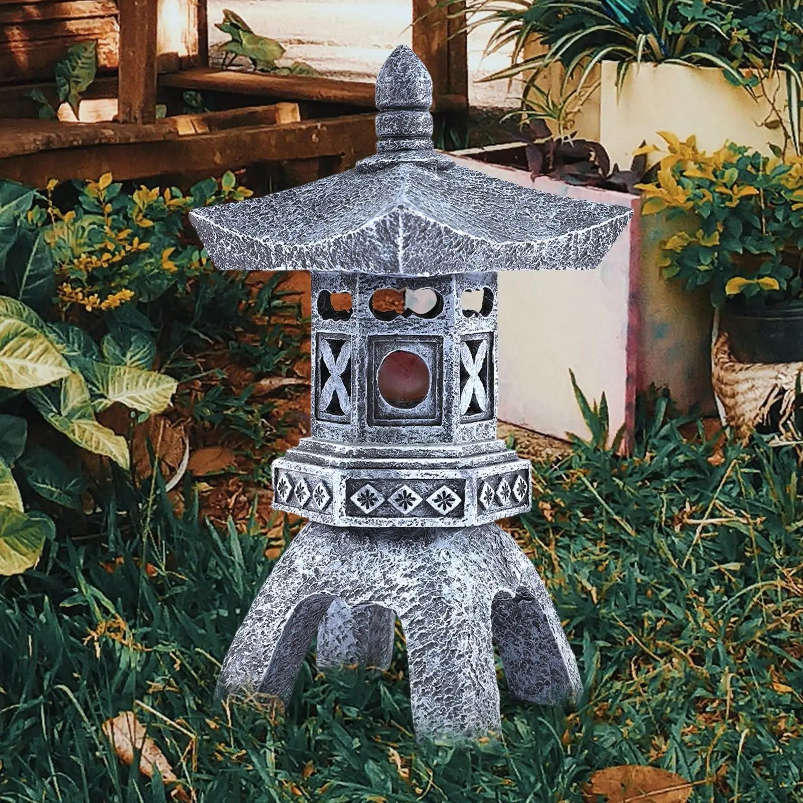 Solar Pagoda Lantern Stone Finish Garden Statue Polyresin Lamp