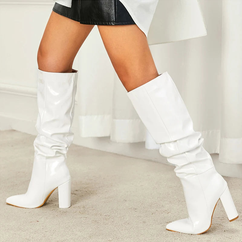 Fashion Cozy White Pleated Patent Leather Knee High Boots Autumn Winter Women Shoes