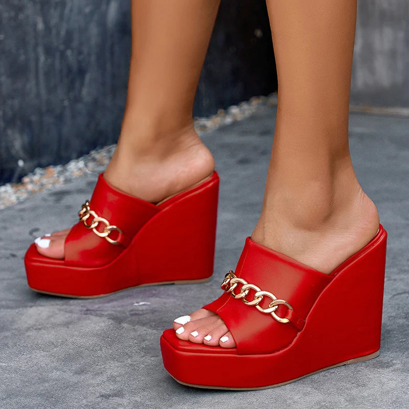 New Leather Red Platform Wedges Slippers Summer Peep Toe Sexy Super High Heels
