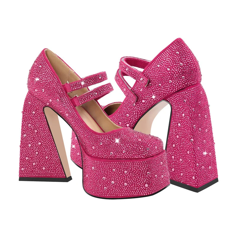 Women Platform Pumps Mary-Jane Rhinestone Chunky High Heels