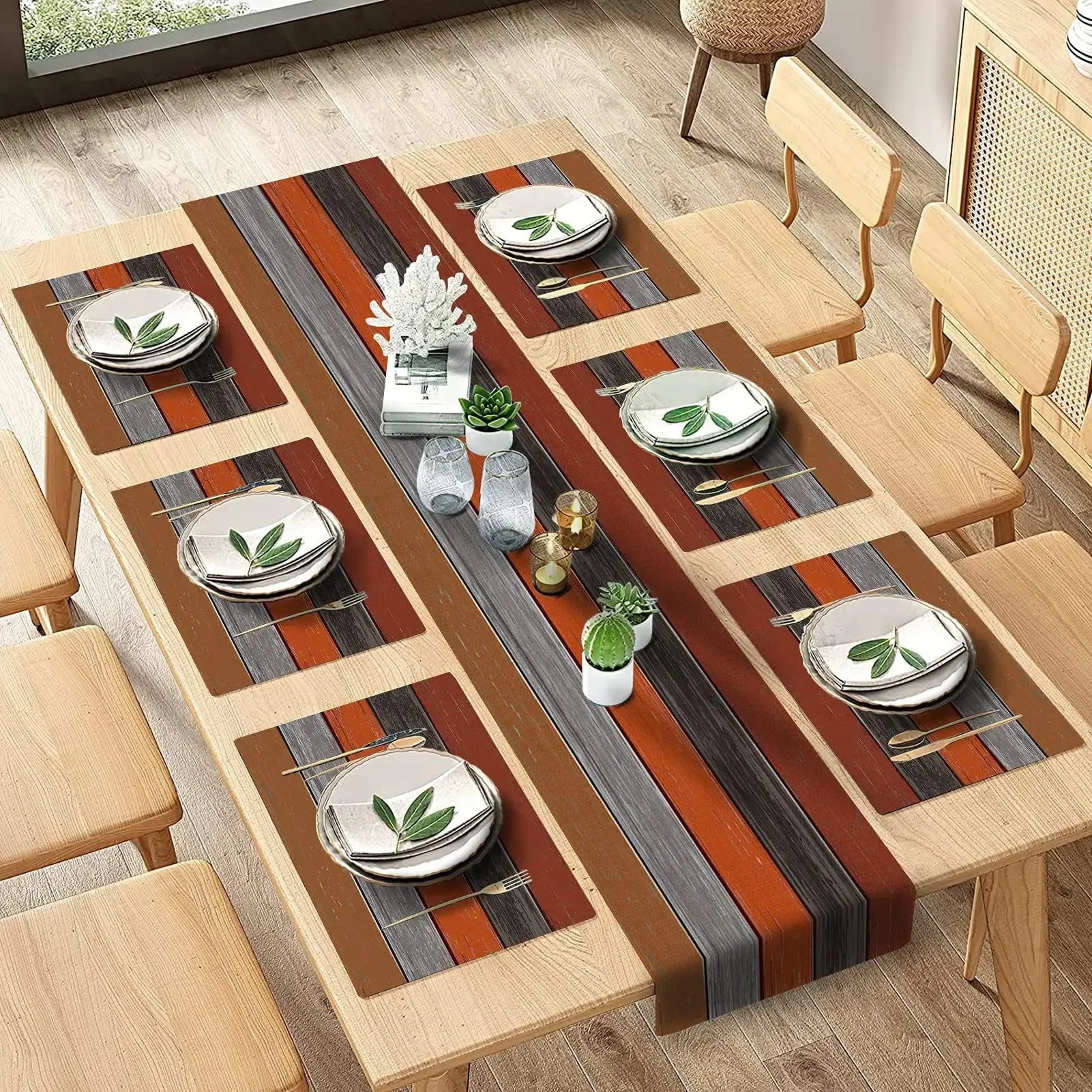 Farmhouse Wood Texture Table Runner Placemats Combination Set