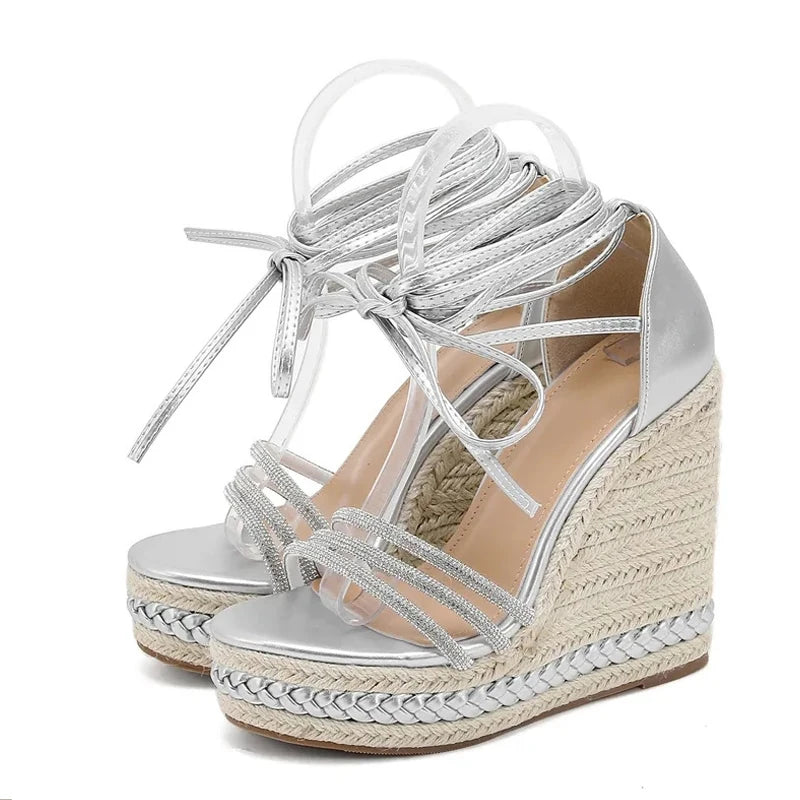 Crystal Narrow Band Open Toe Casual Wedge Sandals Women