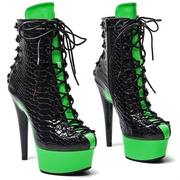 Black Green PU Upper 15CM/6Inch Women's Platform Party High Heels Boots