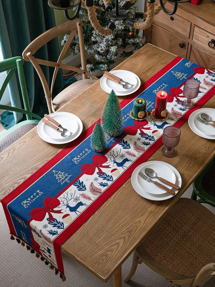 Christmas Snowman Printing Tablecloth Christmas Elk Printing Table Runner