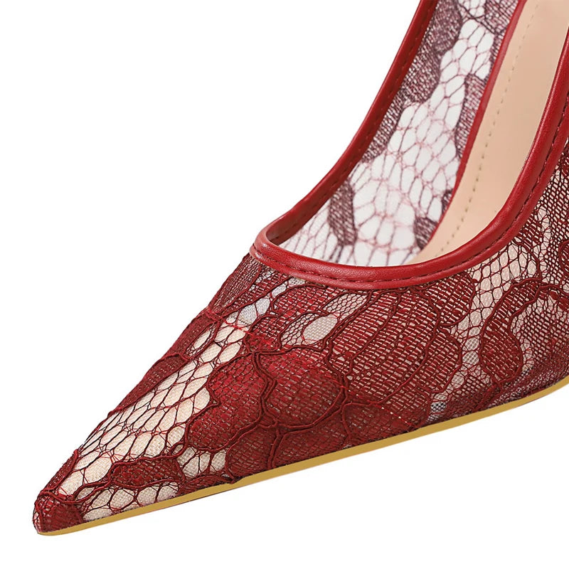 Wine Red Lace Women Pumps Mesh Hollow High Heels Sexy Party Shoes