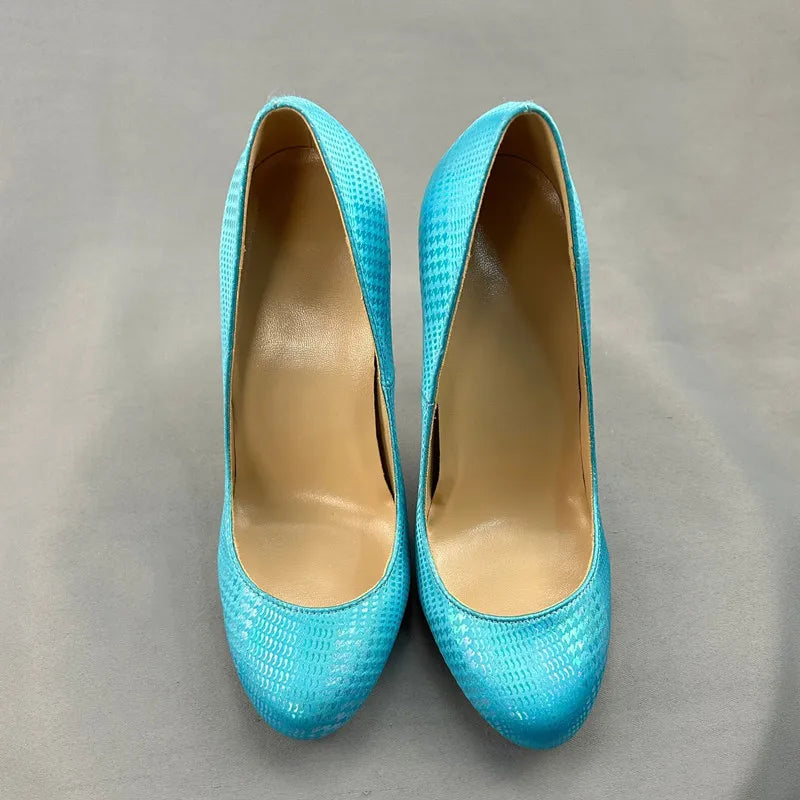 Green Blue Snakeskin Women Slip On High Heel Shoes