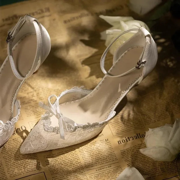 White Lace Bride Wedding Shoes Elegant Ribbon Bowtie Pointed Toe Hollow Thin Heels