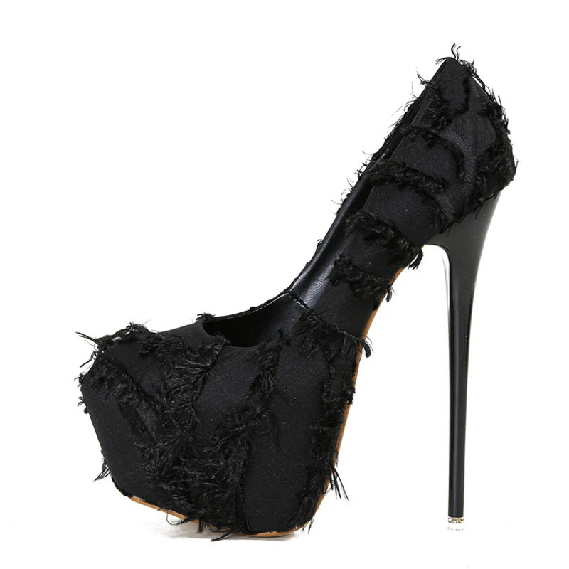 Black White Fluffy Feather Round Toe Strip Pole Dance Extreme High Heels