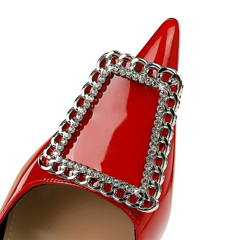 Women Pumps Rhinestone Metal Buckle Design High Heels Patent Leather Ladies Heels