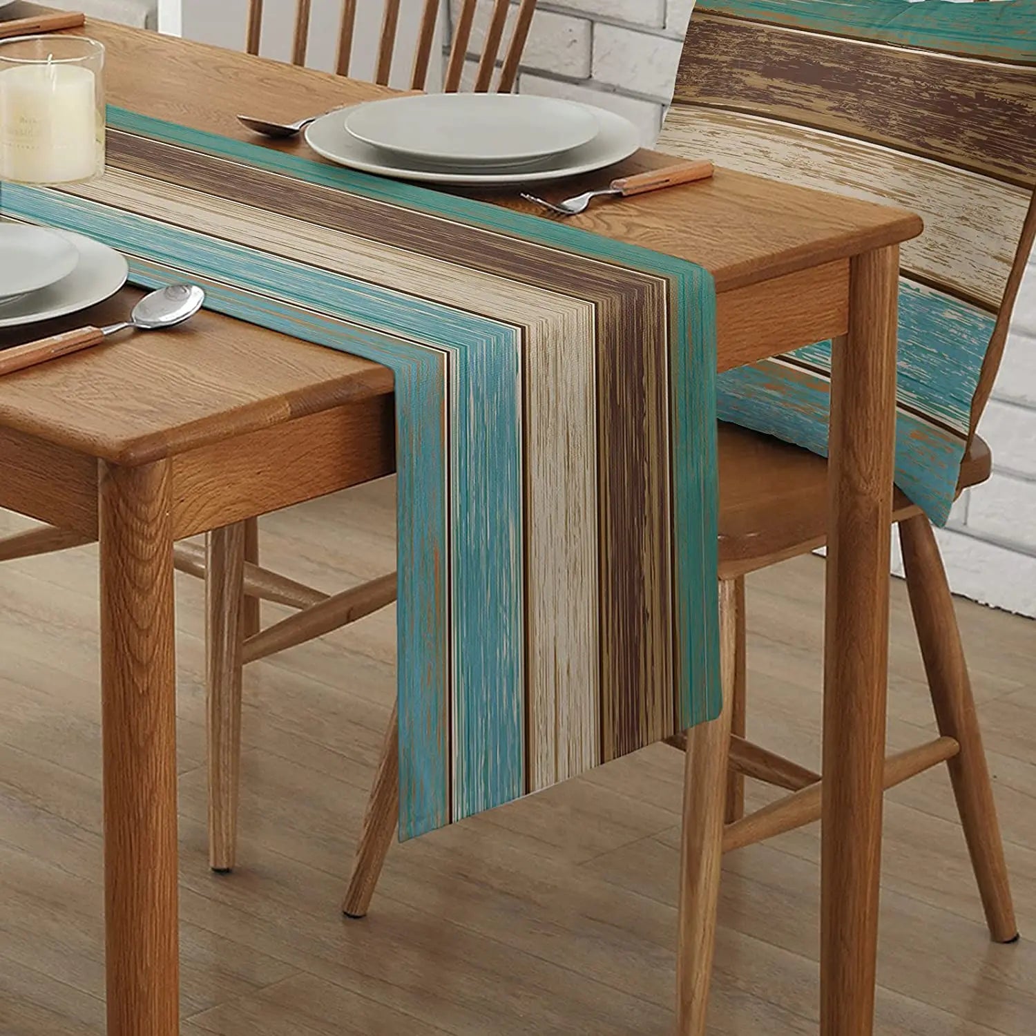 Turquoise Blue Green Wood Striped Linen Table Runners Dresser Scarves