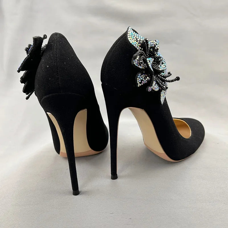 Glitter Rhinestones Flower Women Black Flock Suede Round Toe High Heel Shoes