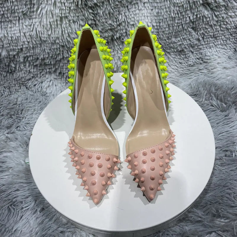 pink yellow spike stud open in the middle high heel women