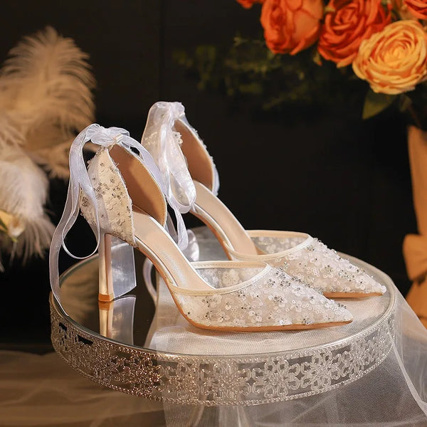 French Style White Wedding Shoes Senior Sense Wrapped Head Sandals