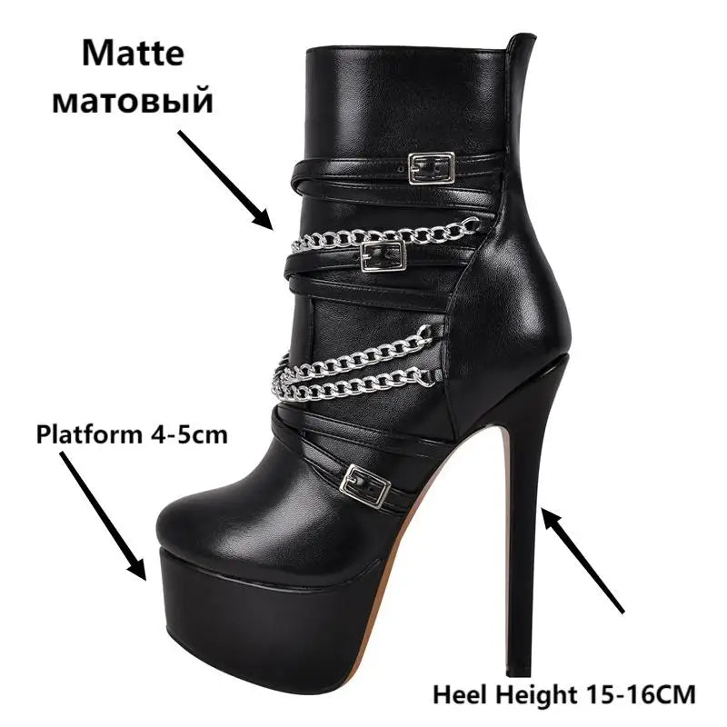 Platform  Ankle Boots Black Matte Side Zipper  Big Size Stilettos Winter Booties