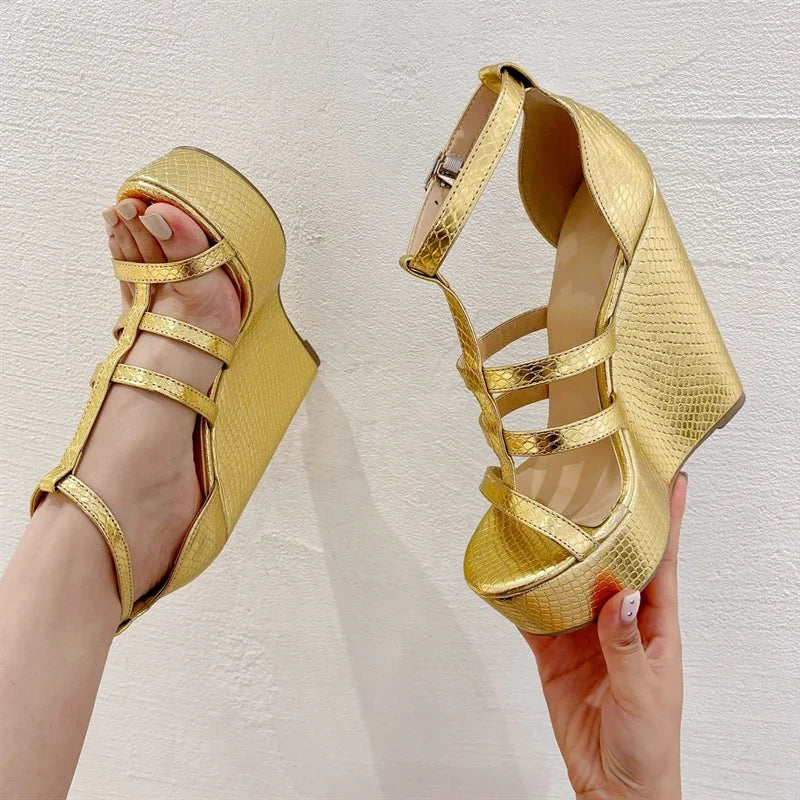 Summer Golden Open Toe Narrow Band Platform Wedges Woman Sandals