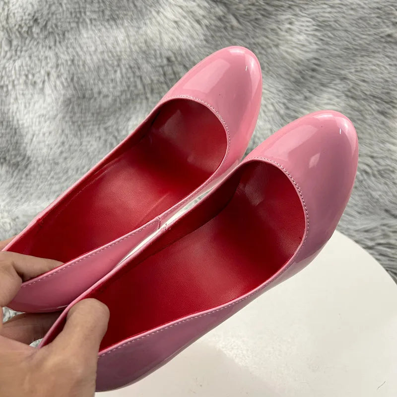 Glossy Pink Women Round Toe High Heel Shoes