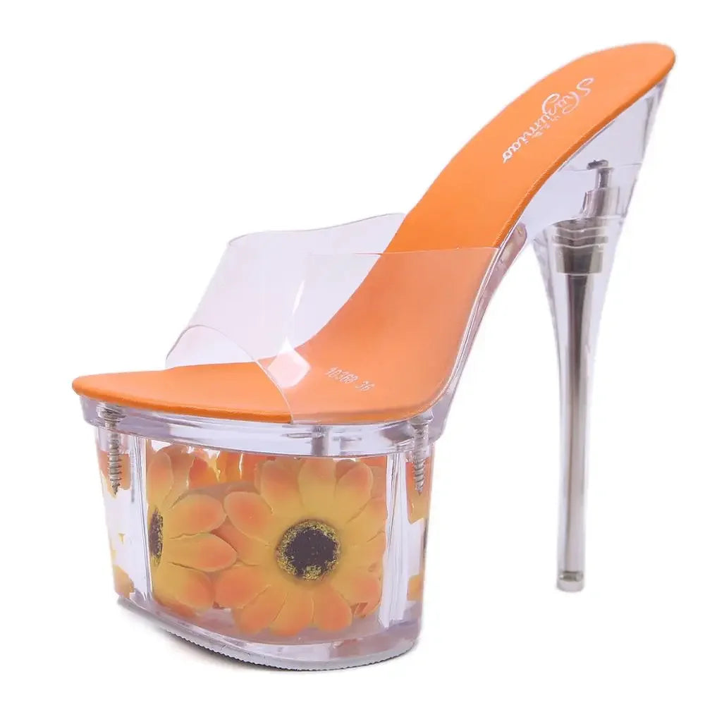 Summer Sunflowers Platform Women Shoes Outside Slippers 18cm Super High Thin Heels