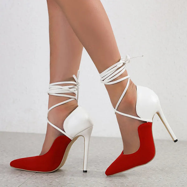 New Style White Red Mixed Color Women Pumps Sexy Pointed Toe Strappy Heels