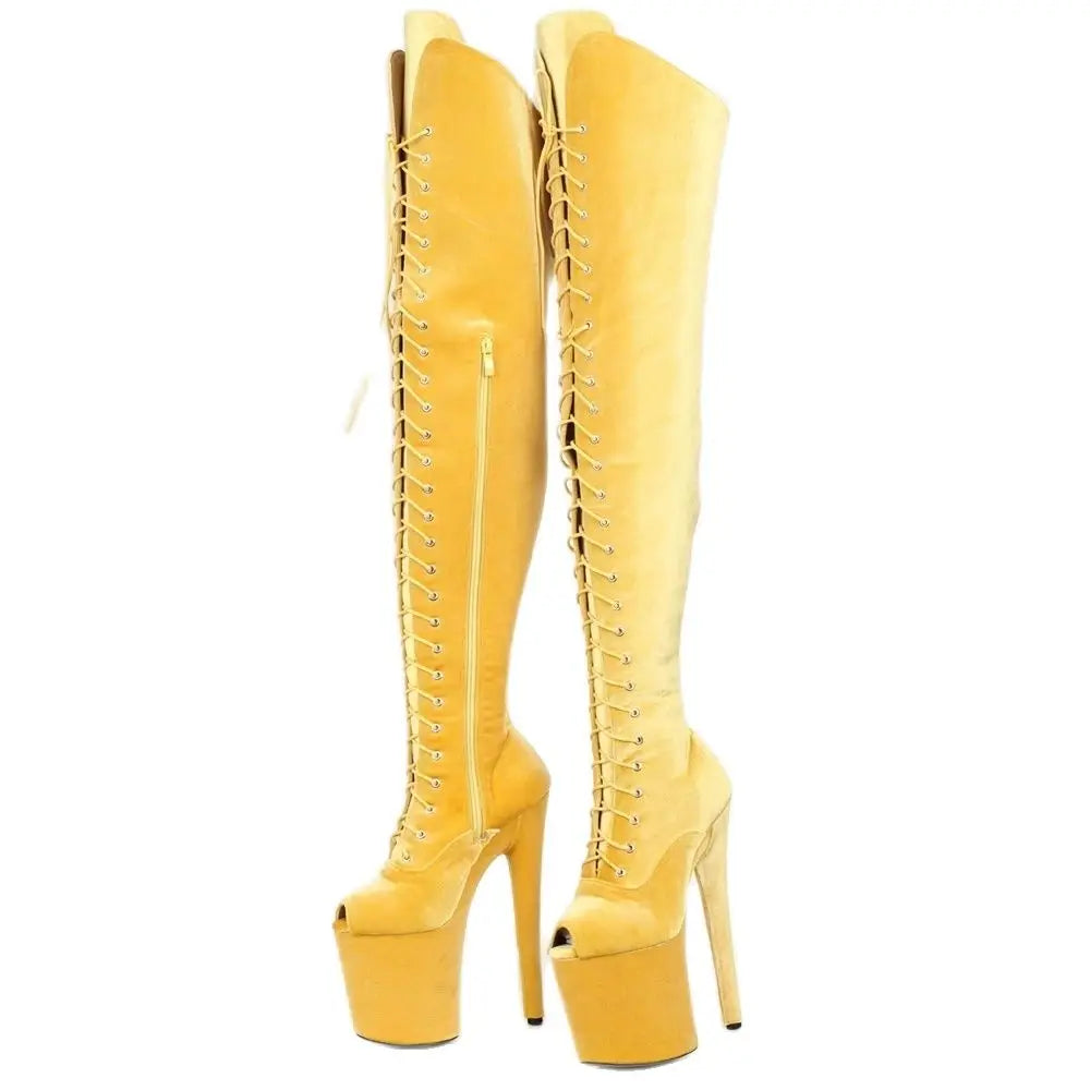 20CM Super High Heel Boots Peep-toe Lace-up Zip Flannel Over-the-knee Thigh Long Boots