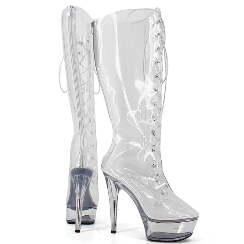 15CM High Heel Transparent Clear Platform Cross-tied Zipper Booties  Ladies Shoes