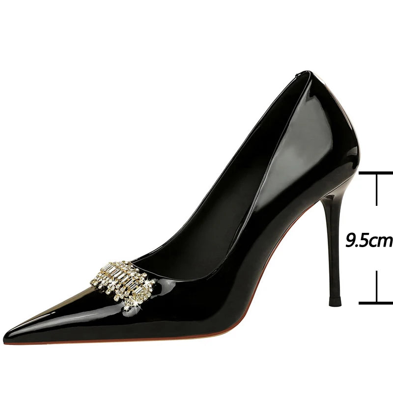 Shining Rhinestone Women Pumps Patent Leather High Heels Luxury Banquet Shoes
