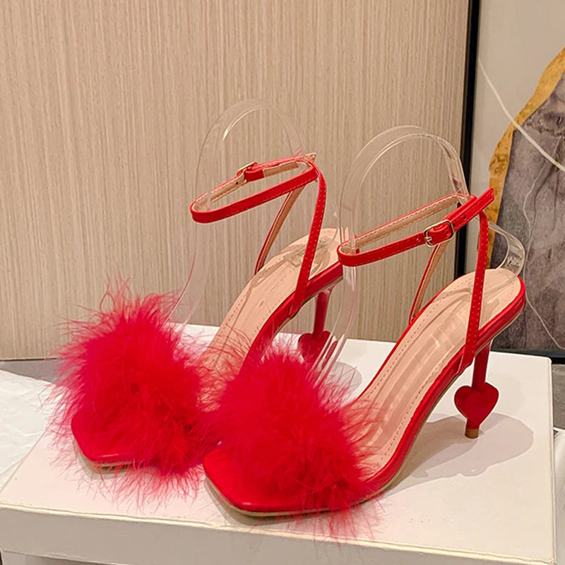 Sexy Ankle Strap Strange High Heels Fluffy Feather Women Sandals