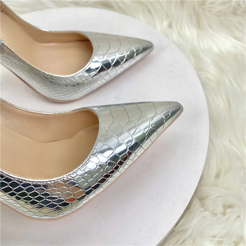 Silver Embossed Crocodile Effect Women Sexy Pointy Toe High Heel Party Shoes