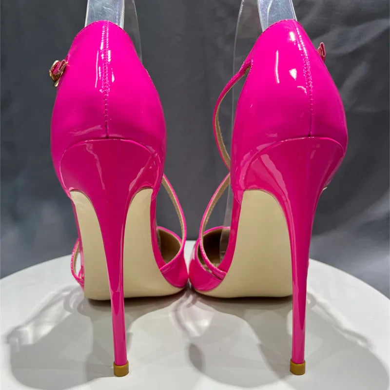 Glossy Rose Pink Women Cross Strap Pointy Toe High Heel Shoes