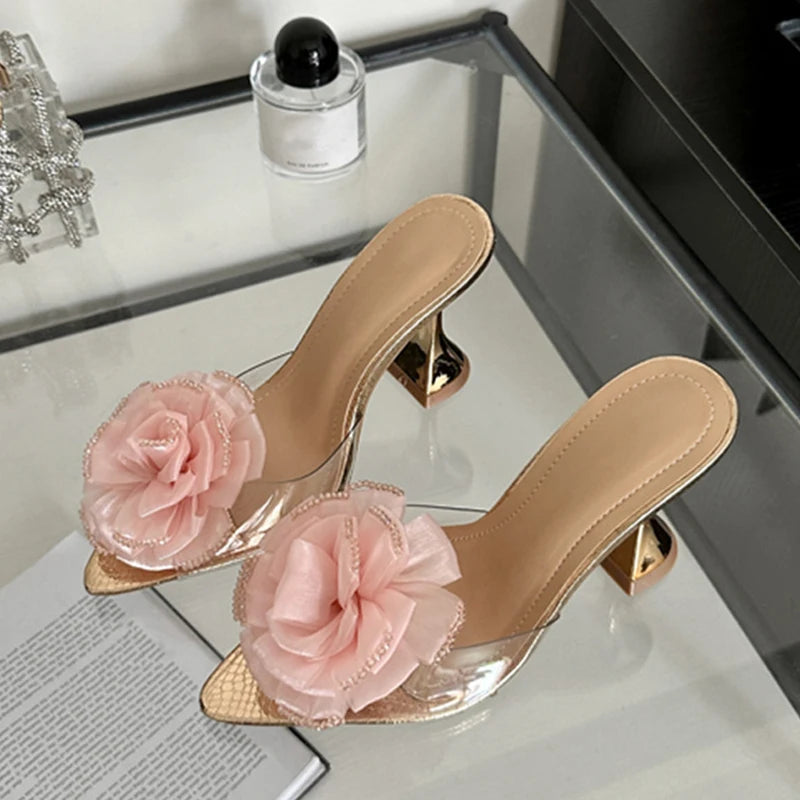 PVC Transparent Slippers For Women Fashion Flowers Pointed Toe Clear High Heels