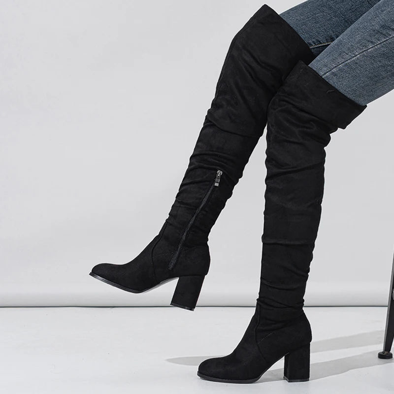 Autumn Winter Black Brown Over The Knee Boots Women Sexy Pointed Toe Zip Thigh High Shoes